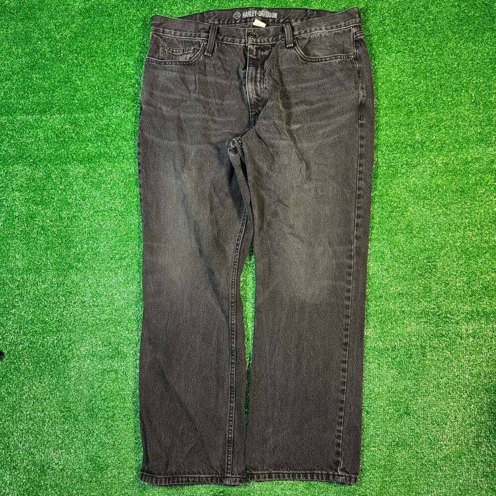 Y2K Harley-Davidson Men's Black Faded Straight Leg Denim Jeans, Size 38x30 - Picture 1 of 6